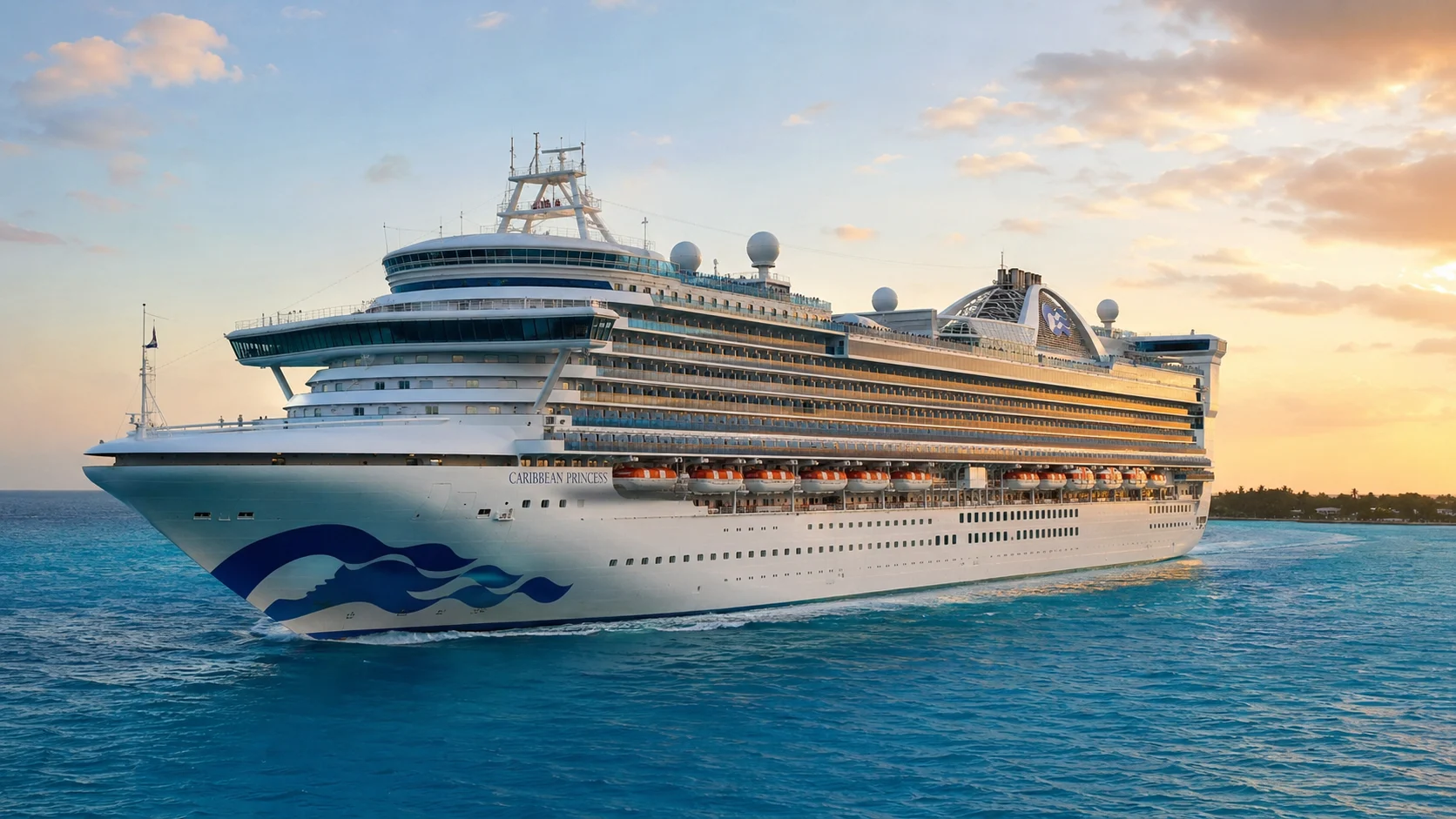 Caribbean Princess sailing in open water at sunset