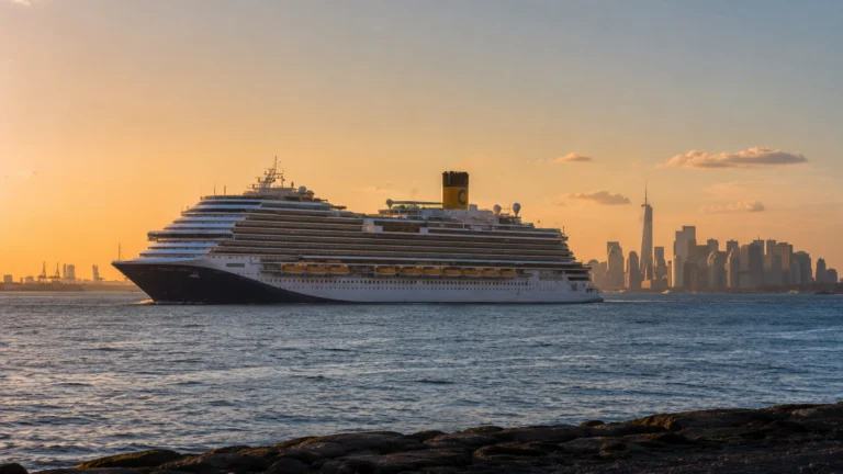 Carnival Firenze sailing past a city skyline at sunset