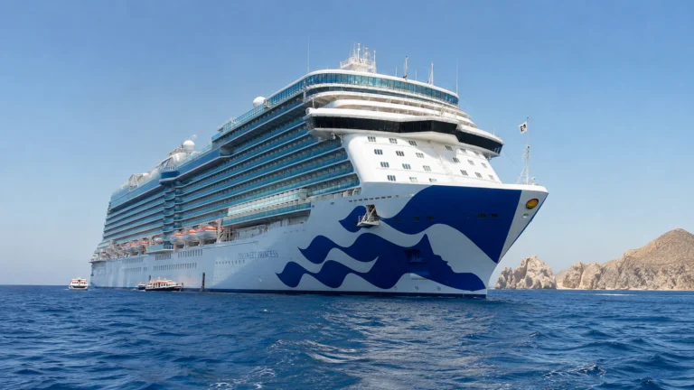 Princess cruise ship sailing off a rocky coastline