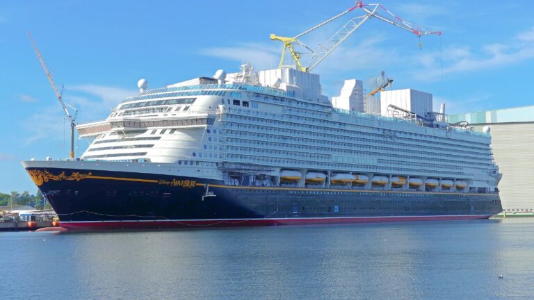 Disney Adventure docked beside shipyard cranes