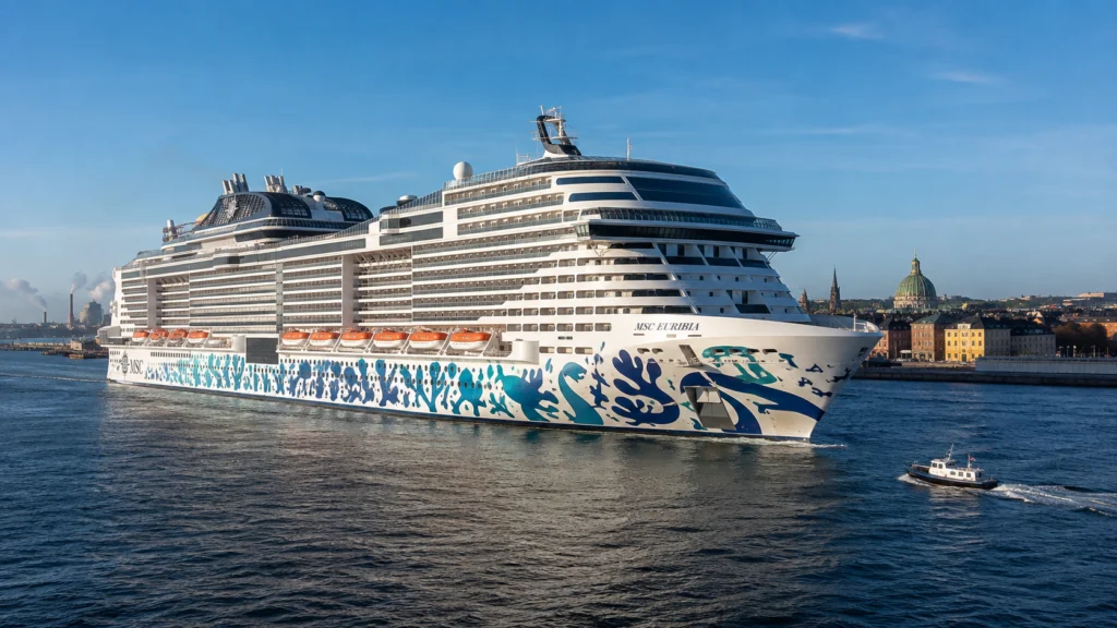 MSC cruise ship with blue hull artwork sailing past a city