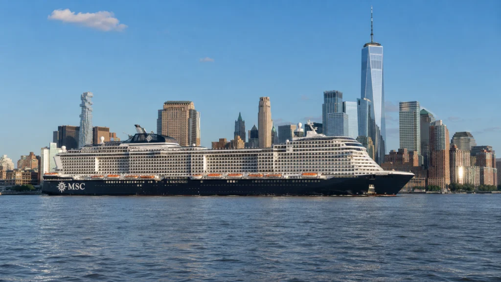 MSC cruise ship sailing past the Manhattan skyline