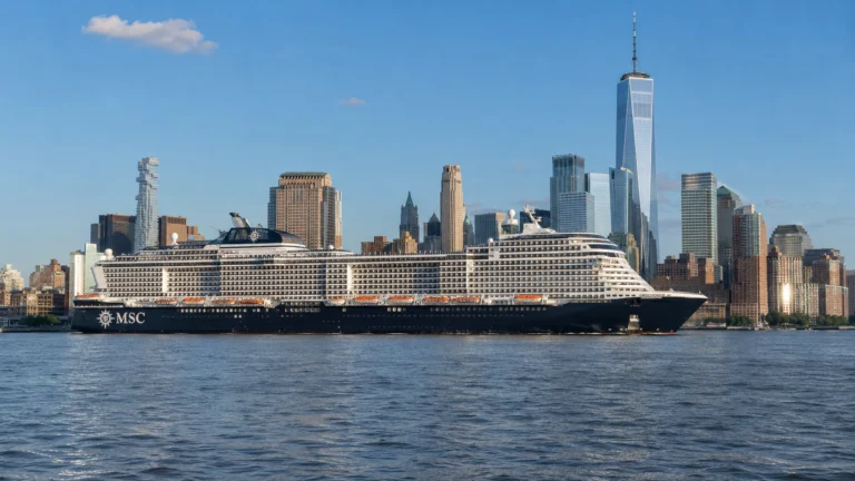 MSC cruise ship sailing past the Manhattan skyline