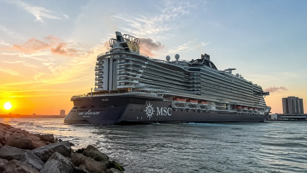 MSC cruise ship sailing past a rocky waterfront at sunset