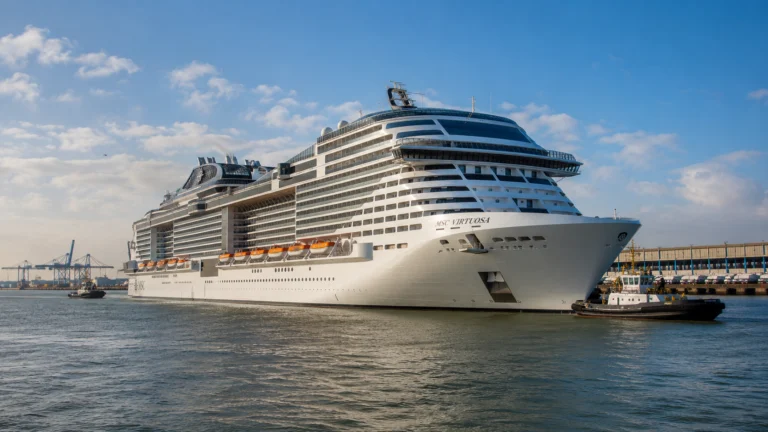 MSC cruise ship docked beside a waterfront pier