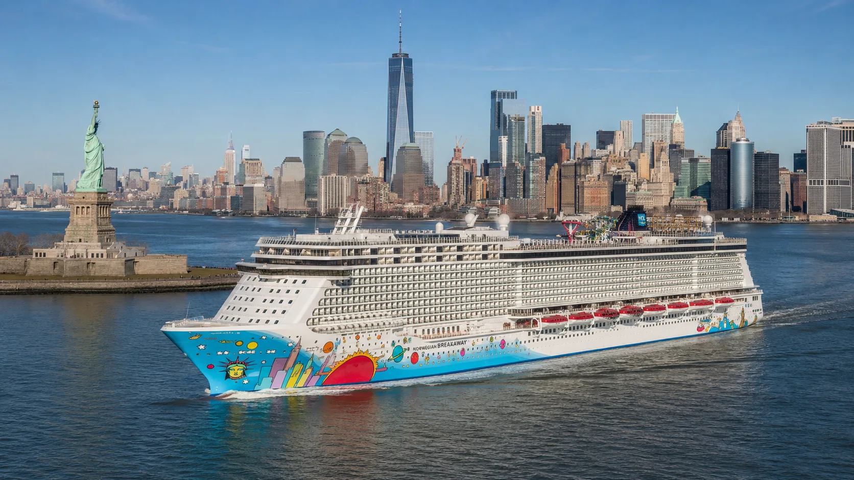 Norwegian Breakaway sailing past the Statue of Liberty and Manhattan skyline