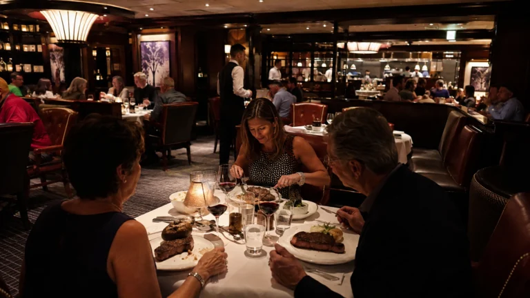 Guests eating dinner in an elegant cruise ship restaurant