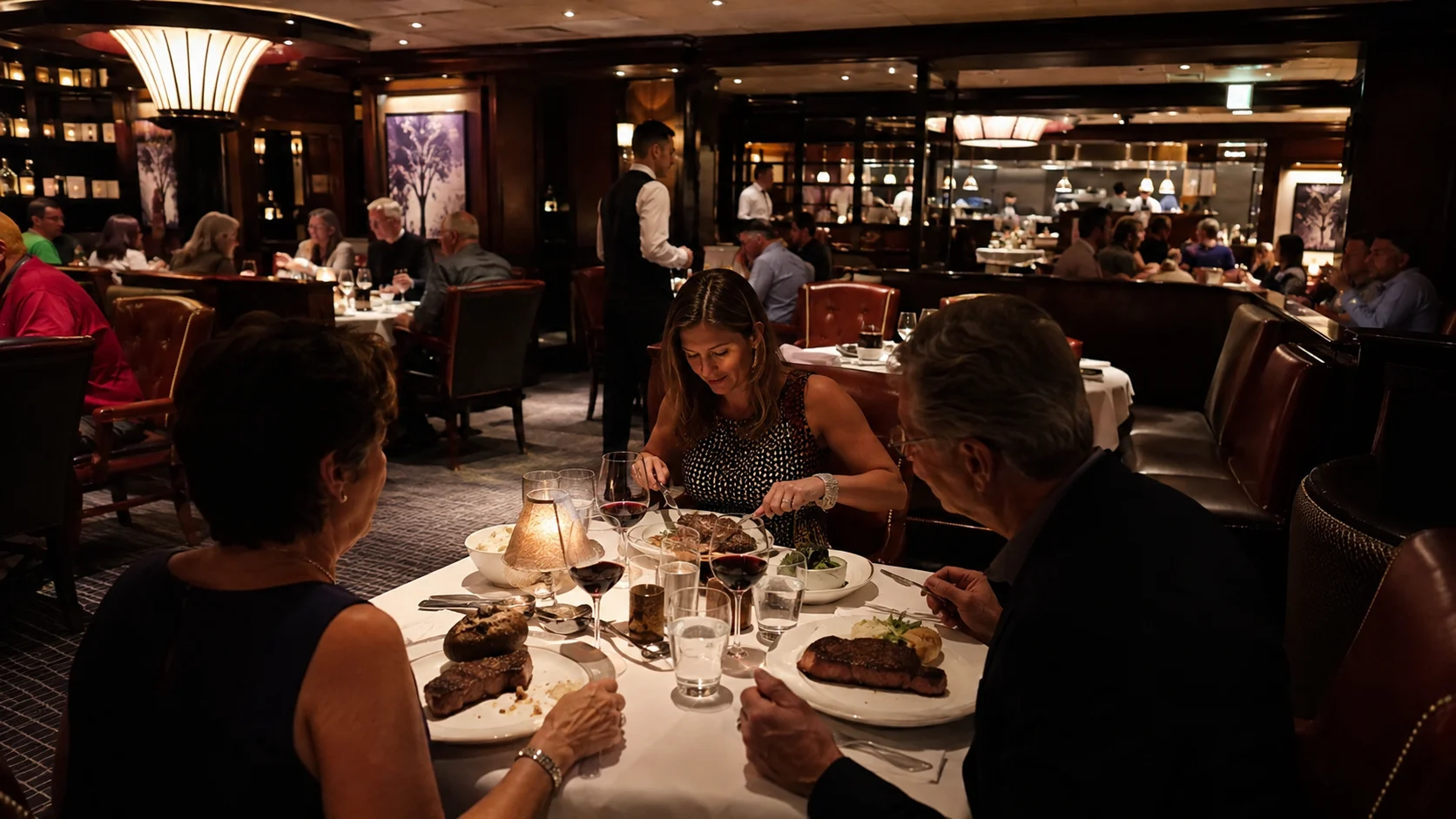 Guests eating dinner in an elegant cruise ship restaurant