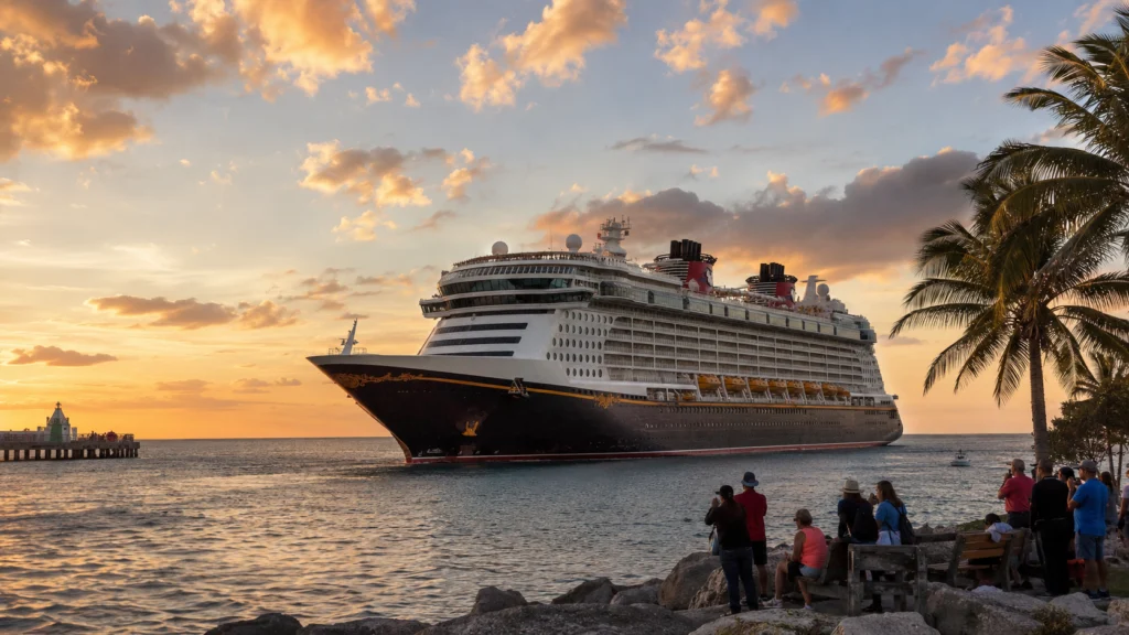 Disney cruise ship sailing offshore beneath a colorful sunset sky