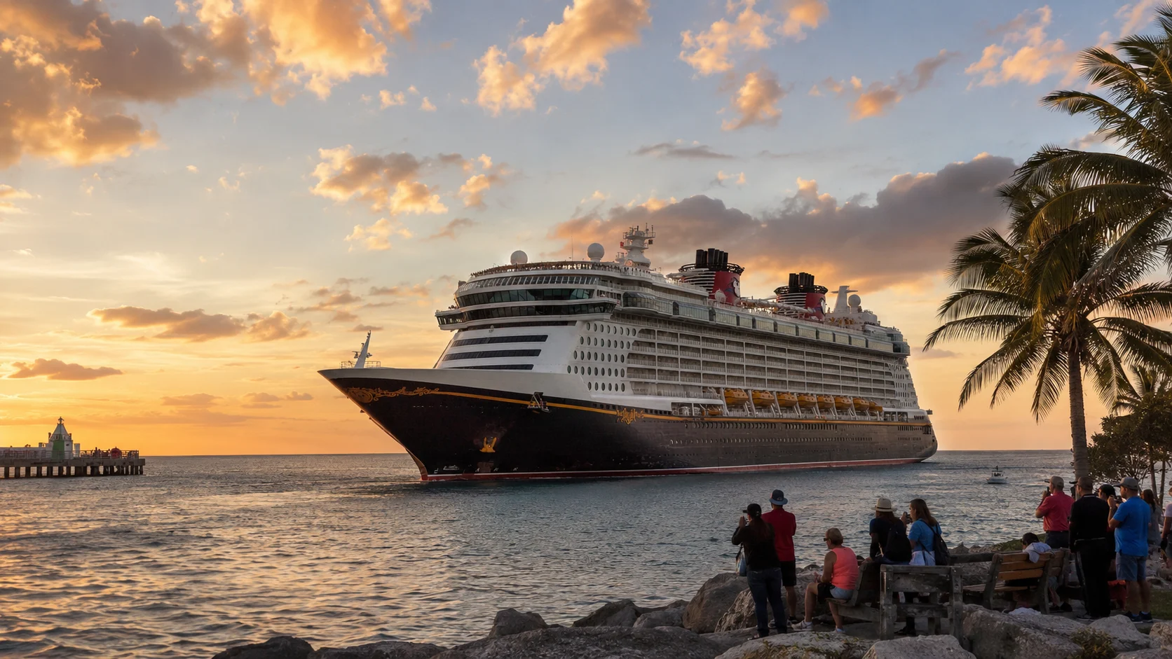 Disney Dream sailing offshore beneath a colorful sunset sky
