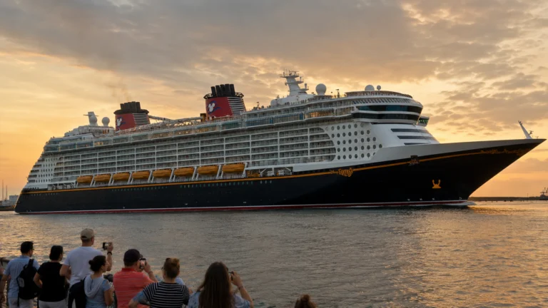 Disney cruise ship sailing past a waterfront at sunset
