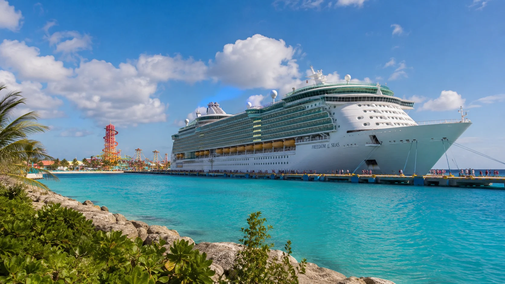 Cruise ship docked in turquoise water beside a red lighthouse