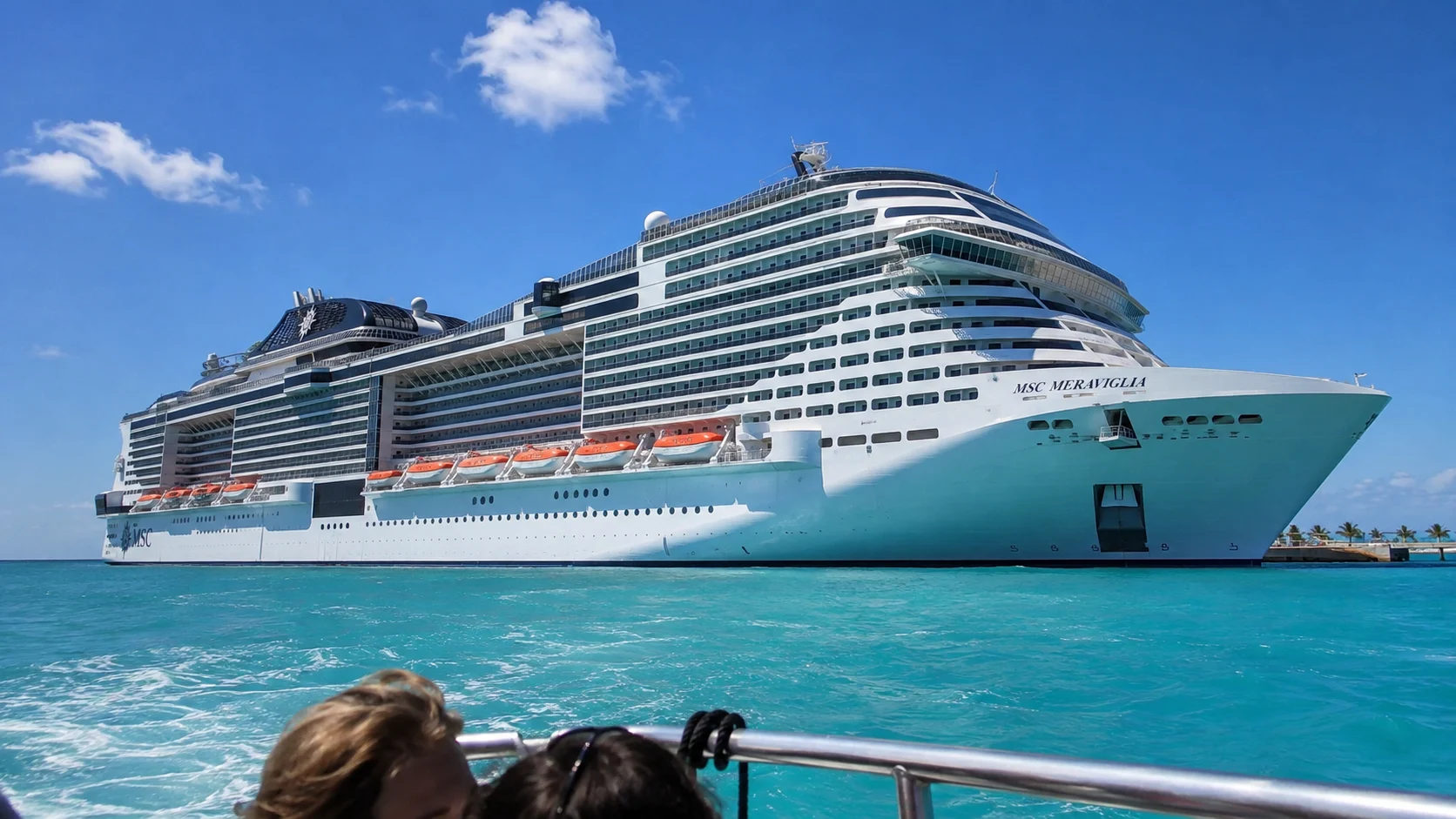 MSC cruise ship sailing through bright turquoise water