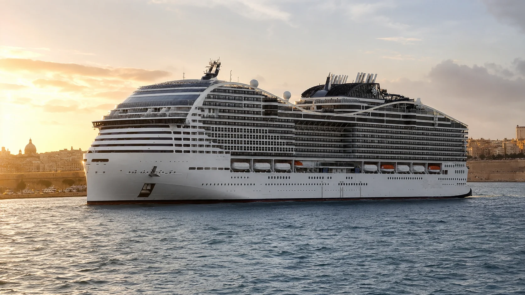 MSC World Europa sailing past a harbor at sunset