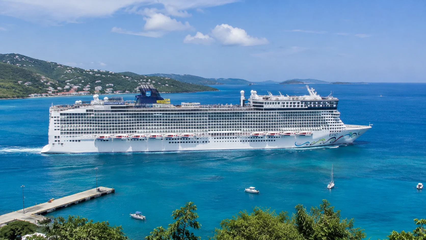 Norwegian Epic anchored in turquoise water