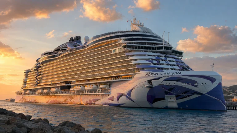 Norwegian Viva docked at sunset