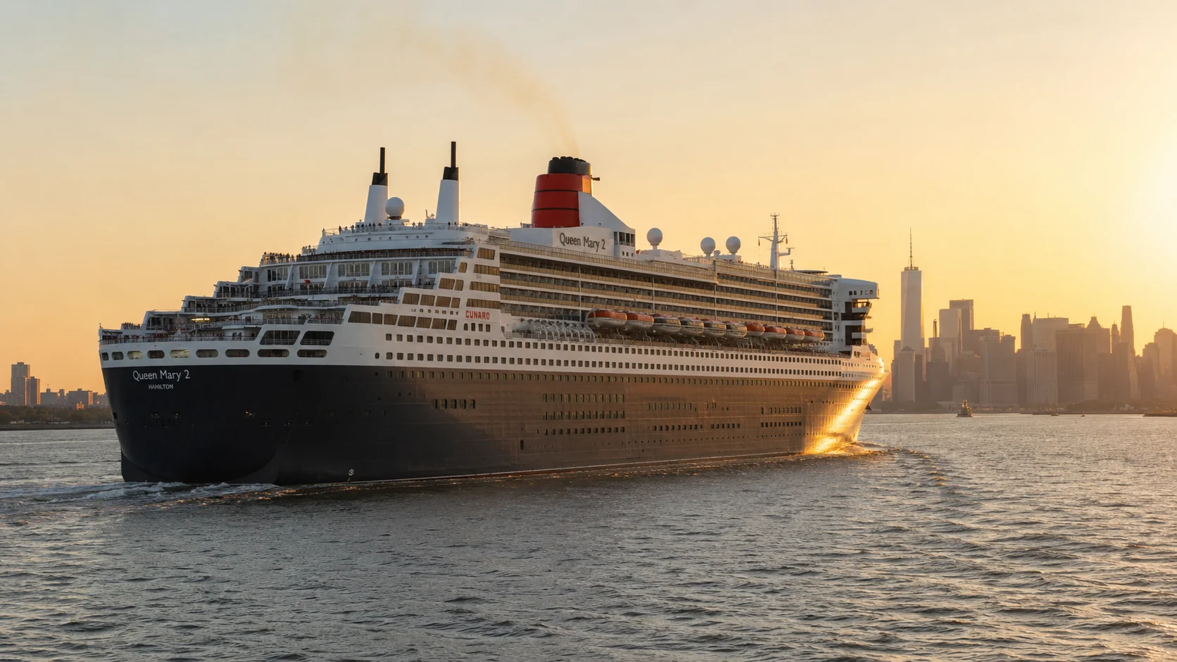 Queen Mary 2 sailing near a city skyline at sunset