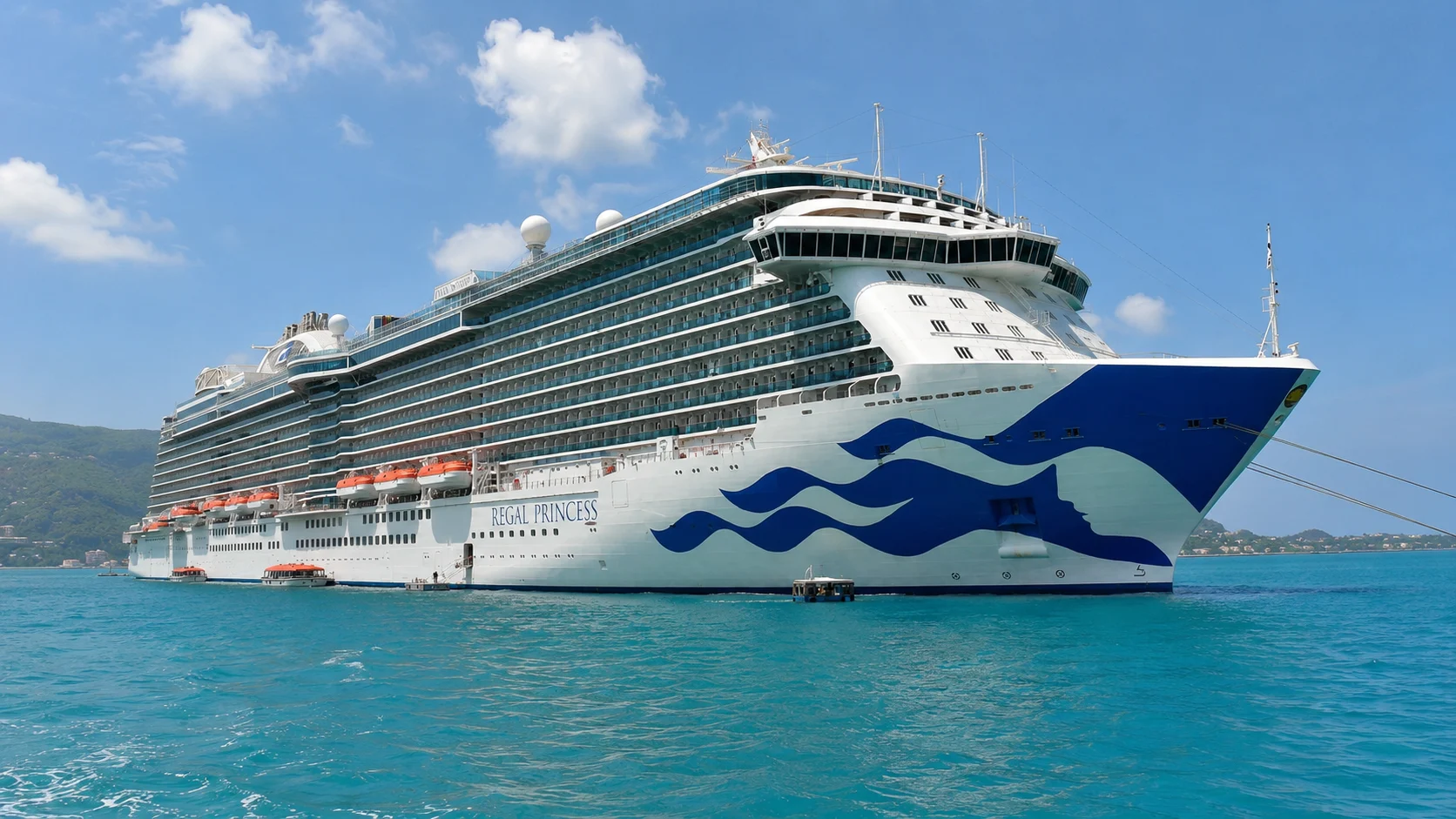 Princess cruise ship anchored in bright turquoise water