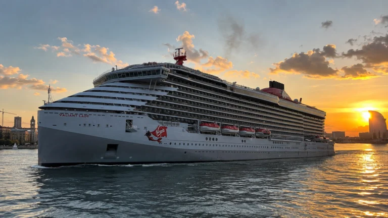 Valiant Lady departing Barcelona at sunset