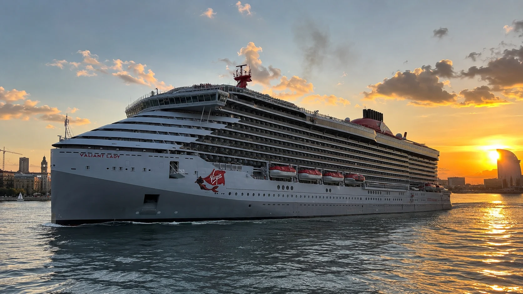 Valiant Lady departing Barcelona at sunset