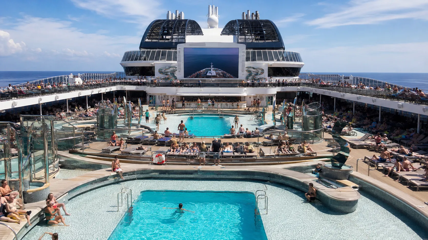 Outdoor pool deck with swimming pools, loungers, and a large screen