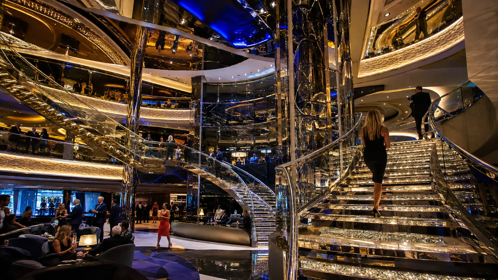 Glittering multi-level cruise ship atrium with twin staircases