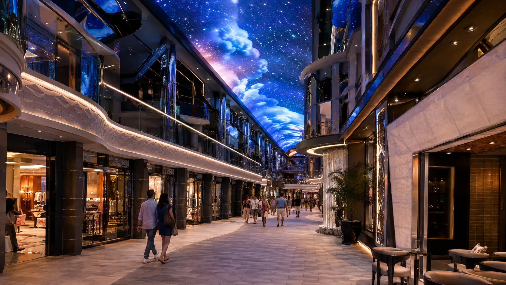 Indoor cruise promenade beneath a glowing blue digital ceiling