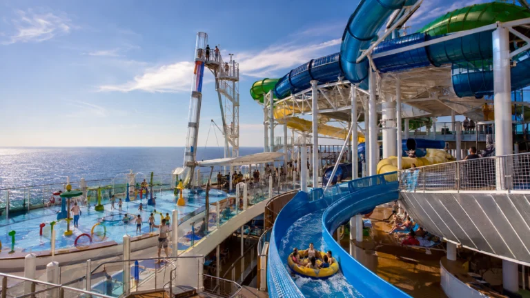 Cruise ship aqua park with tube slides and water play areas