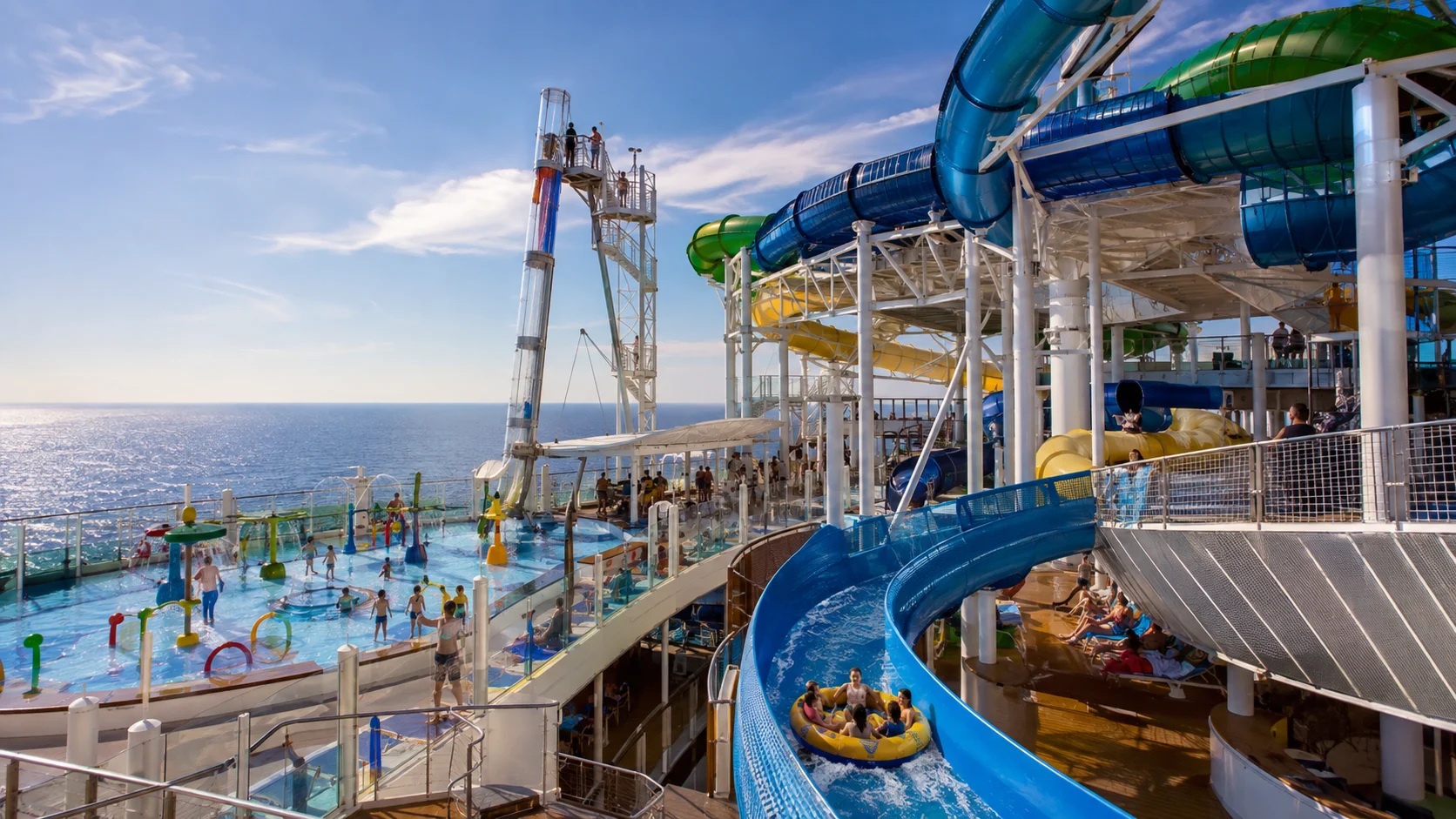 Cruise ship aqua park with tube slides and water play areas
