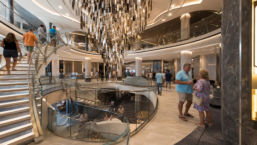 Curving staircase and chandelier in the Penrose Atrium on Norwegian Viva