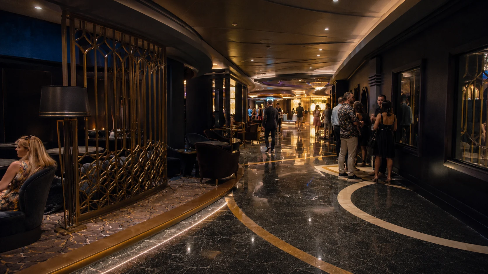 Guests walking through an elegant cruise ship nightlife district