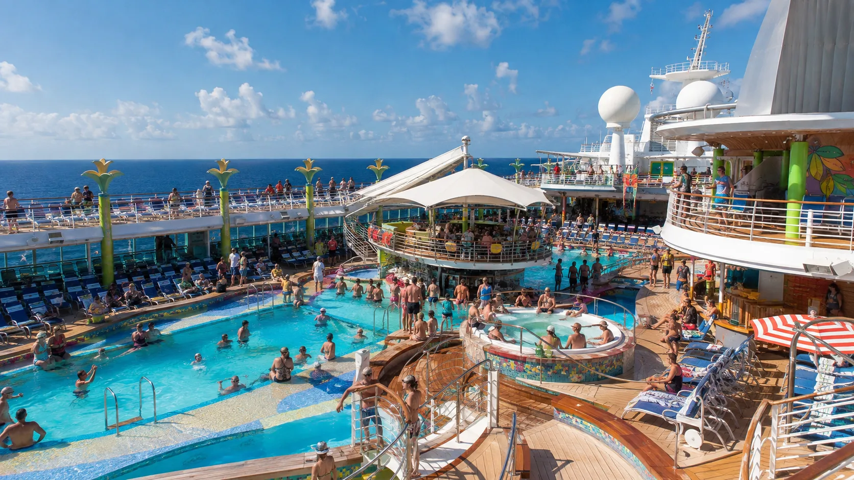 Crowded cruise ship pool deck with swimmers and sun loungers
