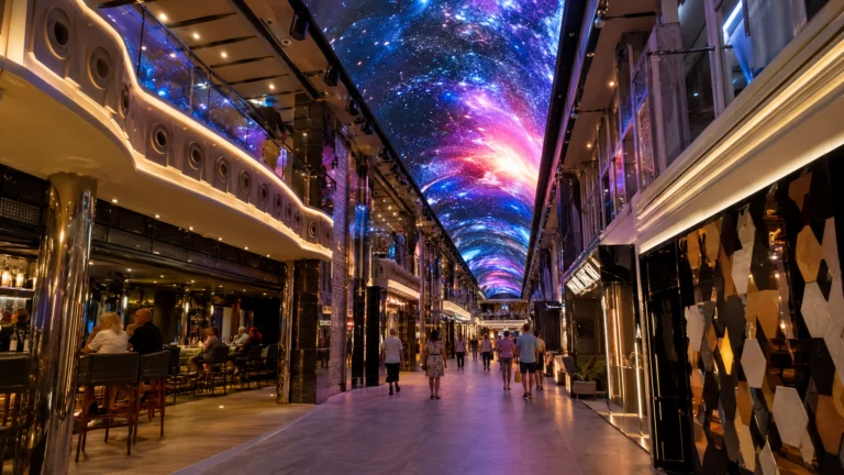 Indoor cruise promenade beneath a purple-blue digital ceiling