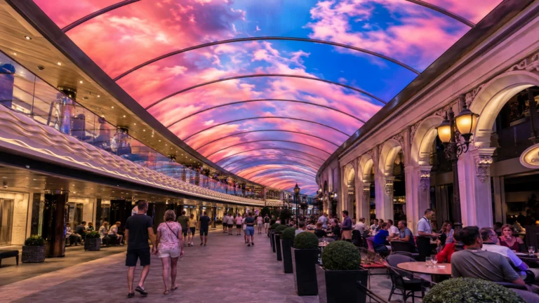 Cruise ship promenade beneath a pink and purple arched digital ceiling