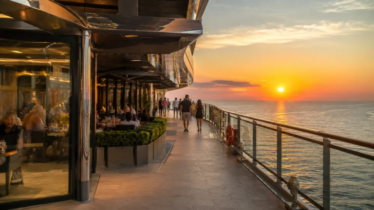 Passengers strolling along an outdoor promenade at sunset