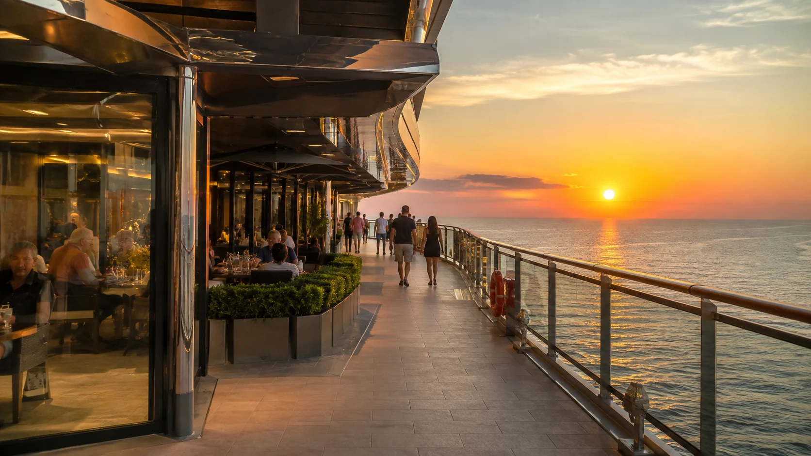 Passengers strolling along the outdoor promenade of MSC Seascape at sunset