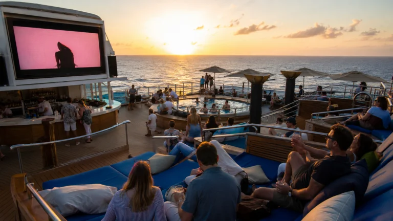 Passengers watching a movie on an open cruise deck at sunset