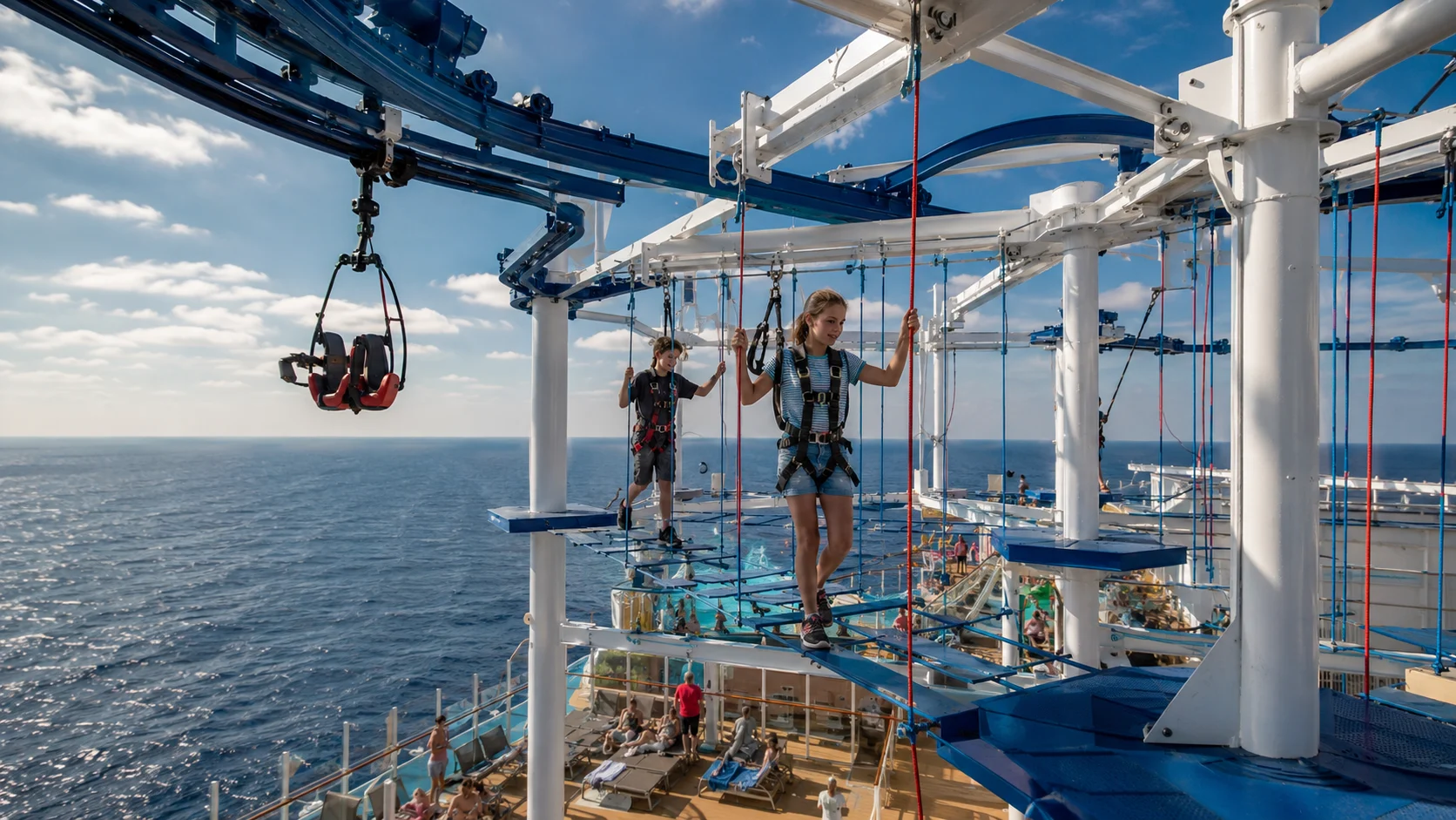 Passengers crossing a suspended ropes course above a cruise ship deck
