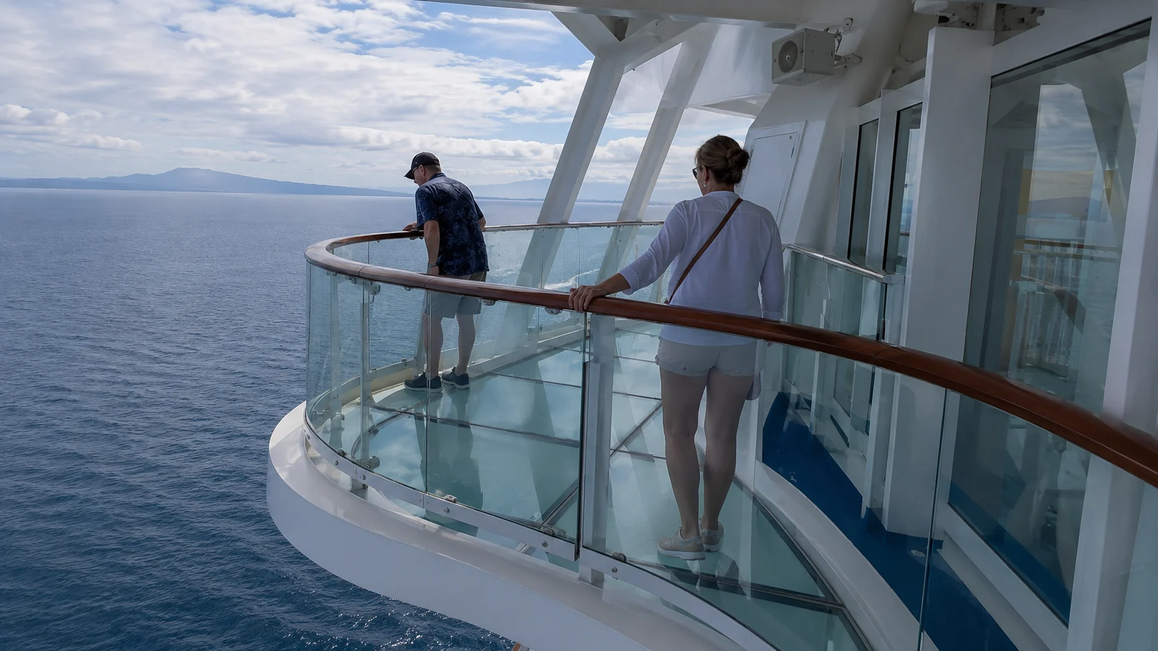 Two passengers standing on Royal Princess SeaWalk above the water