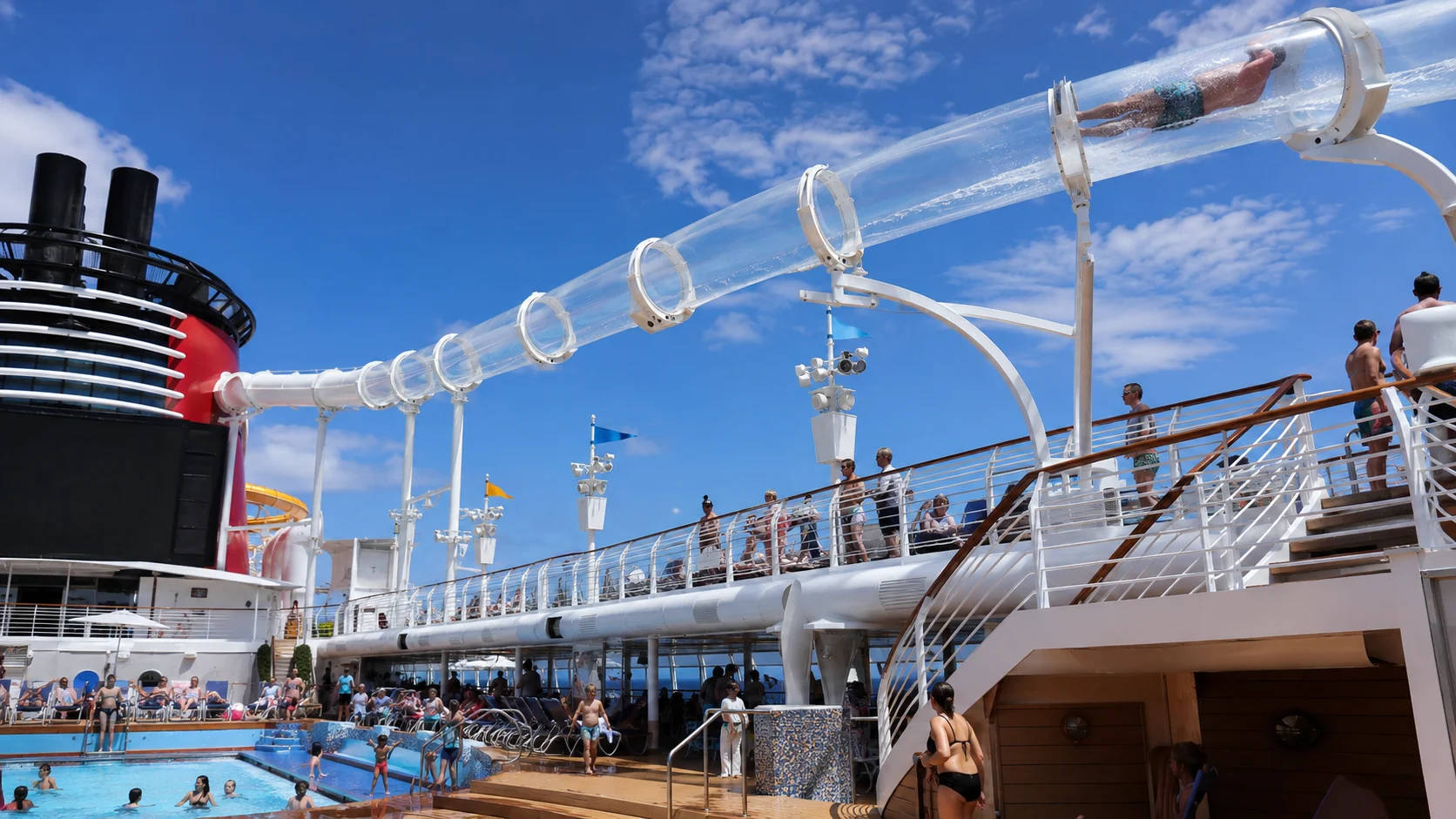 AquaDuck winding above the family pool deck on Disney Fantasy