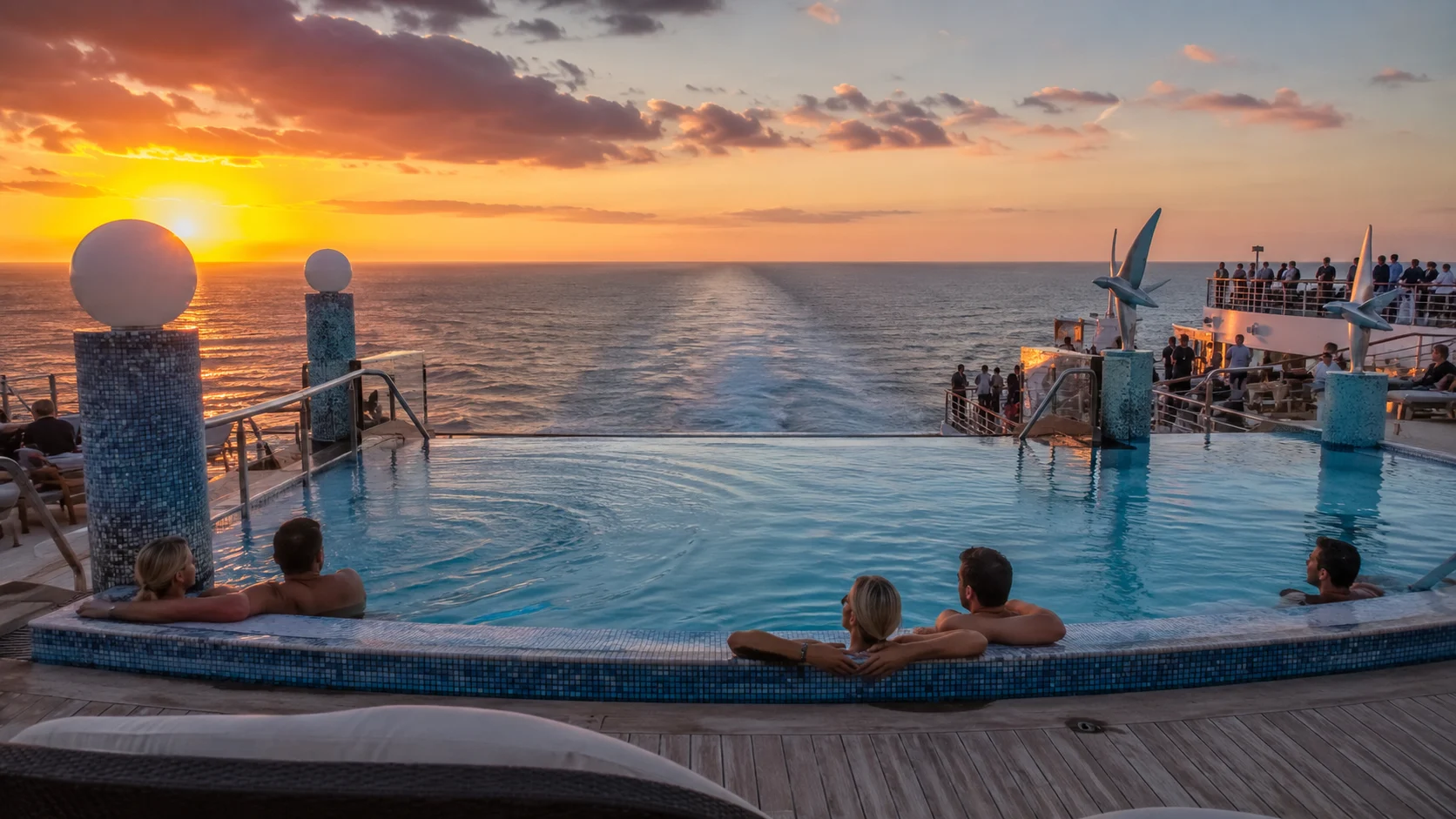 Aft Garden Pool overlooking MSC Divina's wake at sunset