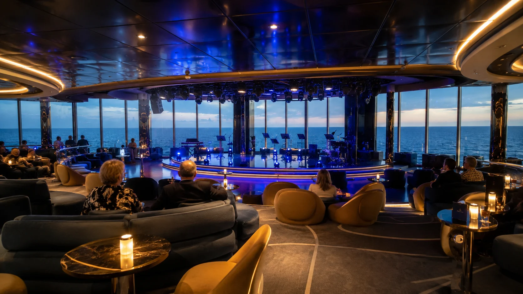 Guests relaxing in the Panorama Lounge aboard MSC World Europa