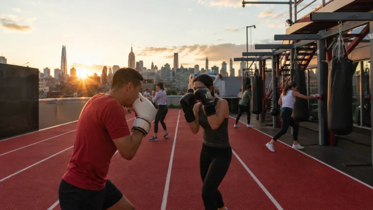 Guests boxing on the outdoor Athletic Club deck aboard Brilliant Lady