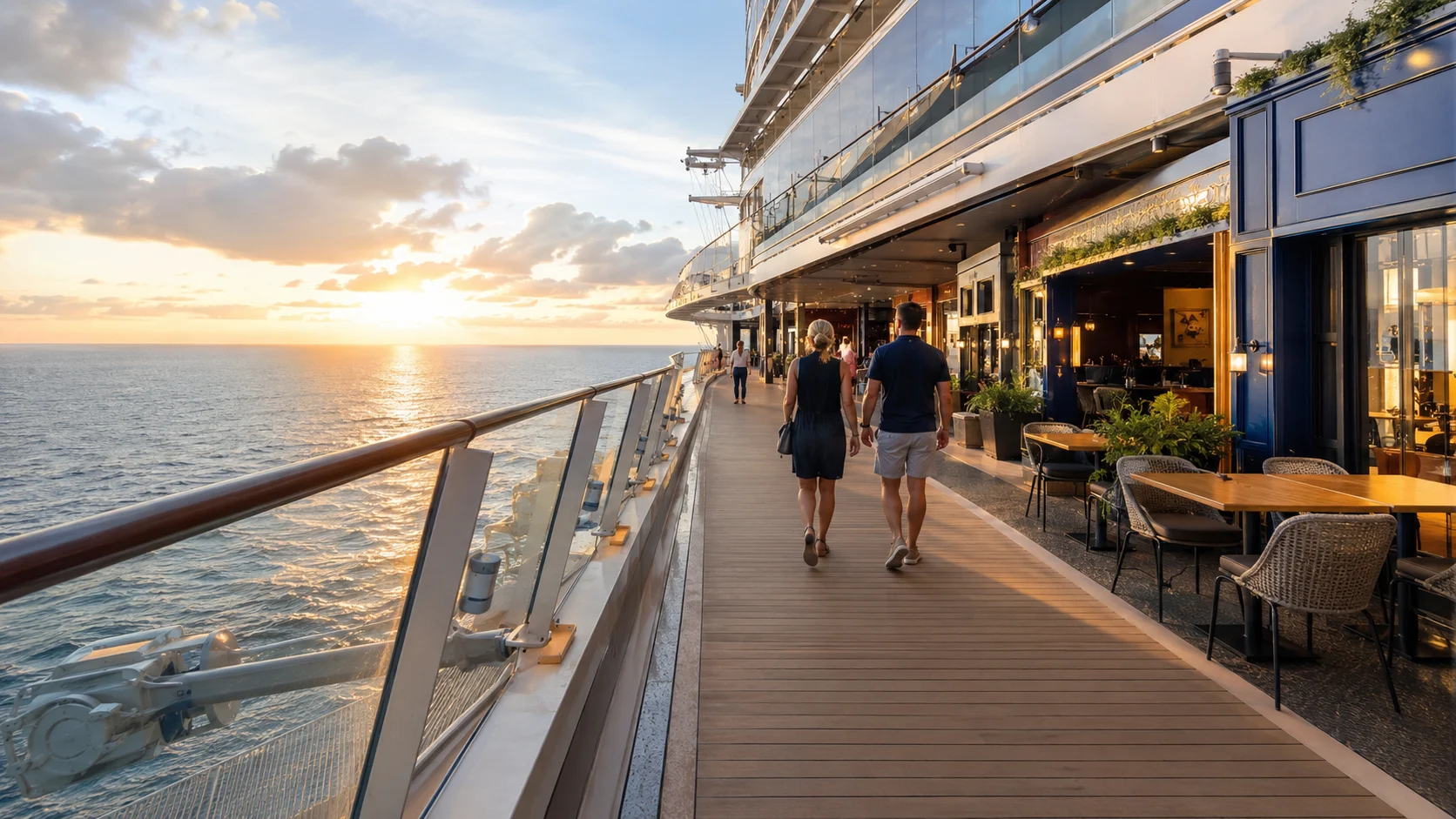 Passengers strolling past outdoor restaurants on a sunset promenade