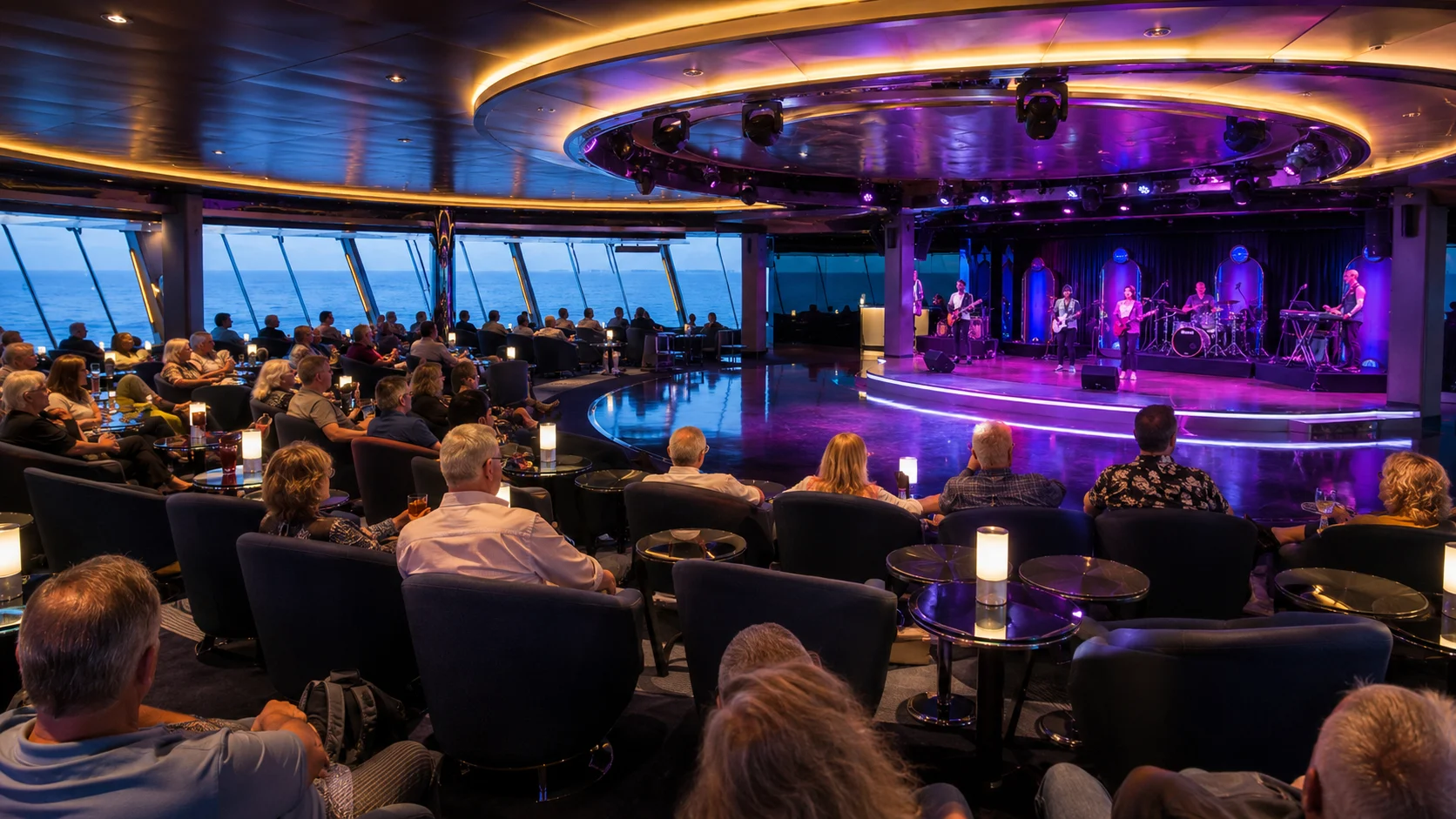 Live band performing in a cruise lounge with ocean-facing windows
