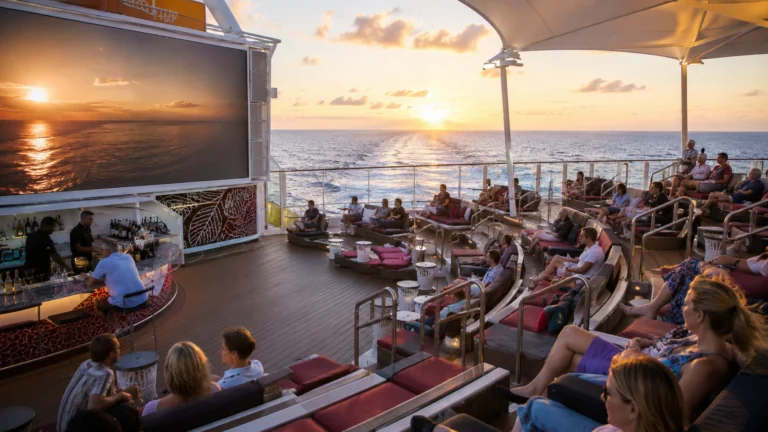 Passengers seated in an open-air amphitheater at sunset