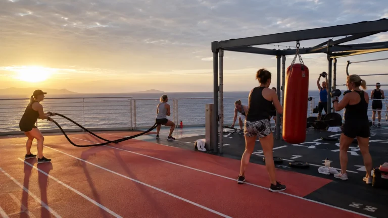Guests boxing on the outdoor Athletic Club deck aboard Resilient Lady