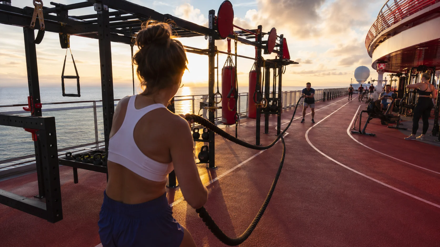 Sailor exercising with battle ropes at the Athletic Club aboard Scarlet Lady