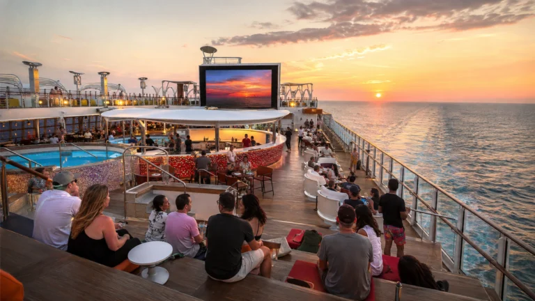 Passengers gathered at tables around an outdoor movie screen at sunset