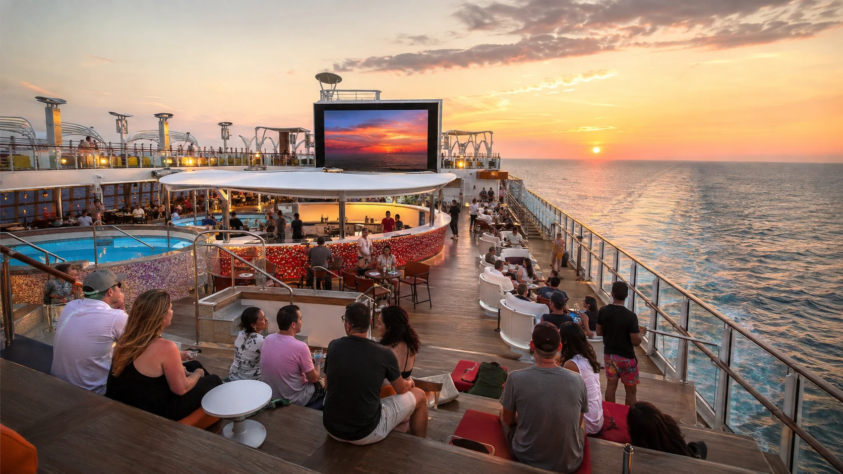 Passengers gathered at tables around an outdoor movie screen at sunset